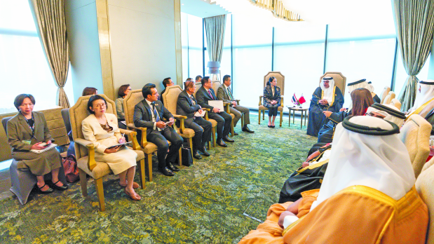 <p>His Royal Highness Prince Salman bin Hamad Al Khalifa, Crown Prince and Prime Minister, met Thai Prime Minister Paetongtarn Shinawatra in Kuala Lumpur yesterday.</p>
<p>The meeting took place on the sidelines of HRH Prince Salman&rsquo;s official visit to Malaysia.</p>
<p>HRH Prince Salman will head Bahrain&rsquo;s delegation at Asean-GCC Summit and the Asean-GCC-China Summit in Kuala Lumpur on behalf of His Majesty King Hamad.</p>